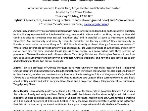 Poster with written information for the China Centre Conversation on May 19th