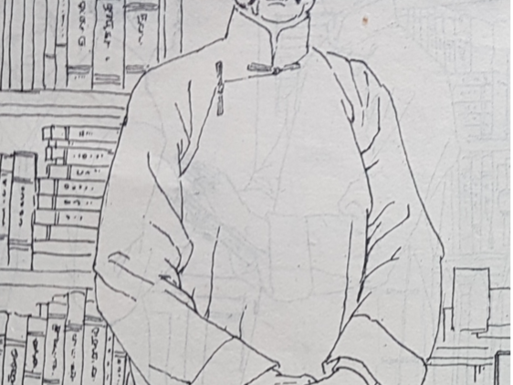 Black and white comic of Lu Xun standing