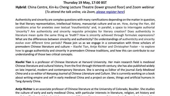 Poster with written information for the China Centre Conversation on May 19th