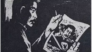 Black and white comic featuring Lu Xun looking at an image of himself