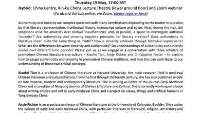 Poster with written information for the China Centre Conversation on May 19th